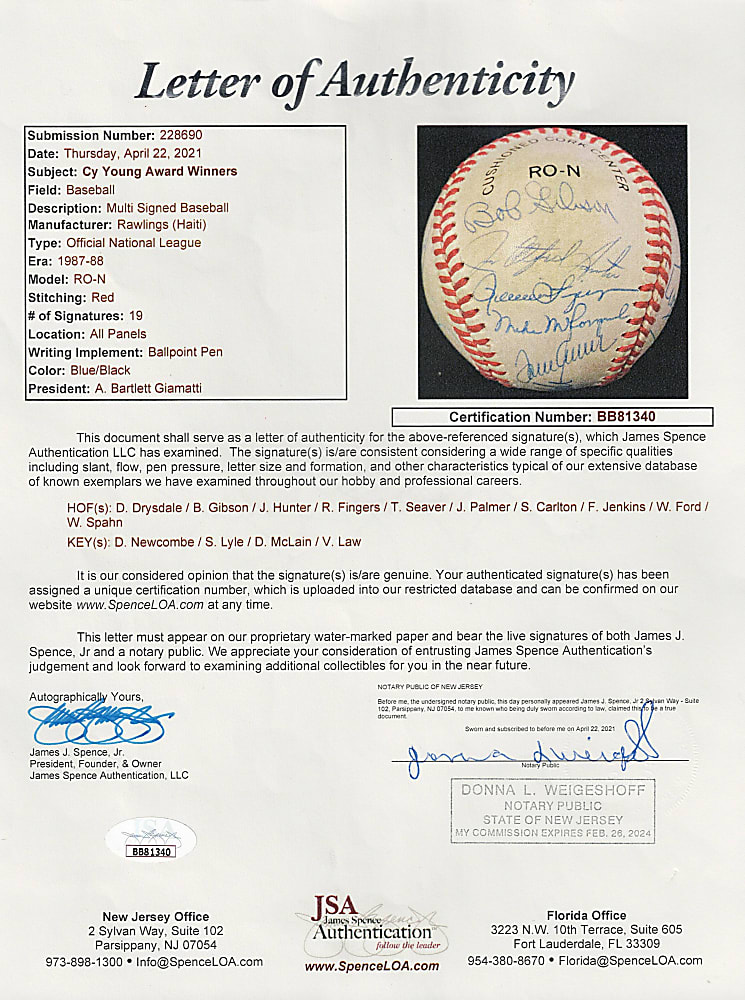 Cy Young Award Winners Multi-Signed Baseball with (19) Signatures Including (10) Hall of Famers - Full JSA LOA