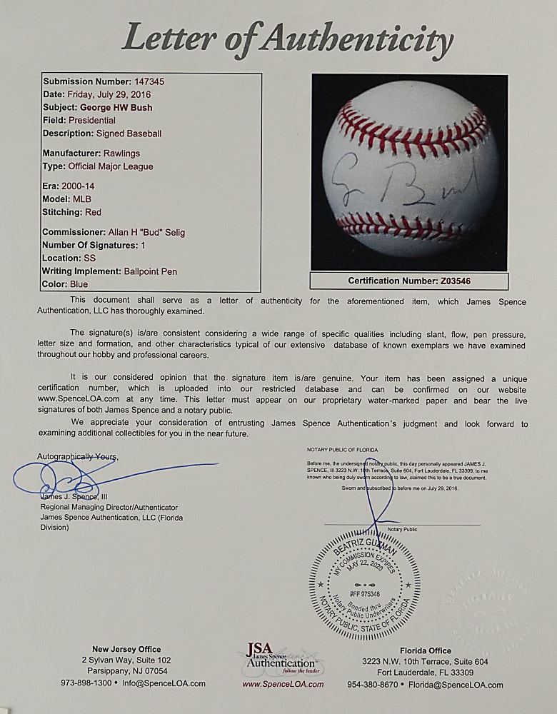 George H.W. Bush Single-Signed Baseball with Full JSA LOA