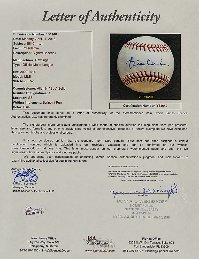 Bill Clinton Single-Signed Baseball with Full JSA LOA