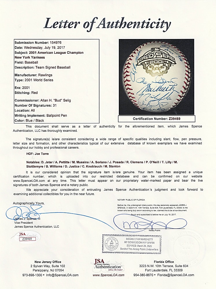 2001 American League Champion New York Yankees Team-Signed Ball (31) with Derek Jeter - JSA LOA