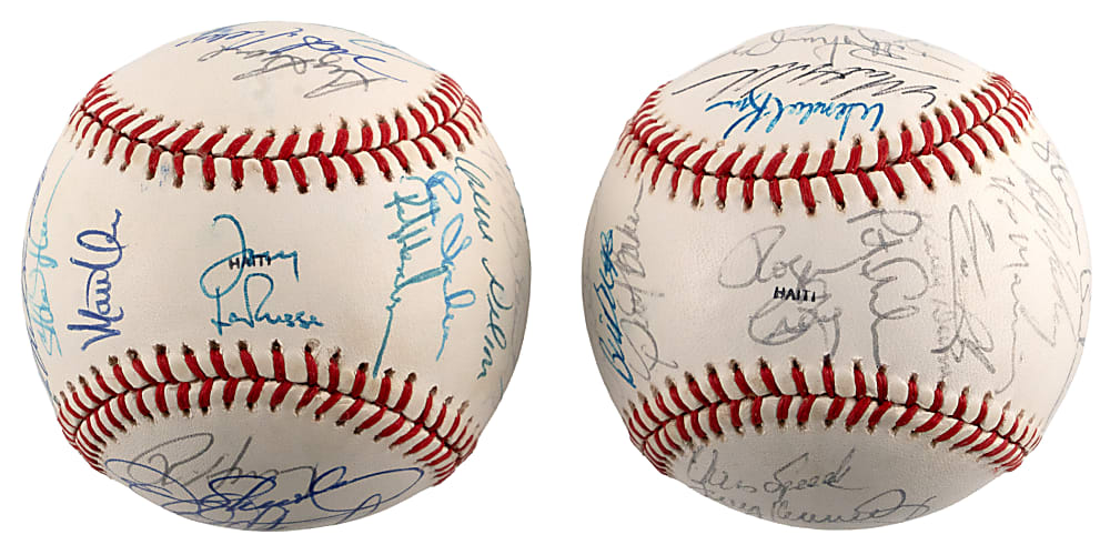 1989 World Champion Oakland Athletics & 1989 National League Champions San Francisco Giants Team-Signed Baseball Pair with (60) Total Signatures Including Clark, Henderson, McGwire, Canseco - Both on Official World Series Baseballs!