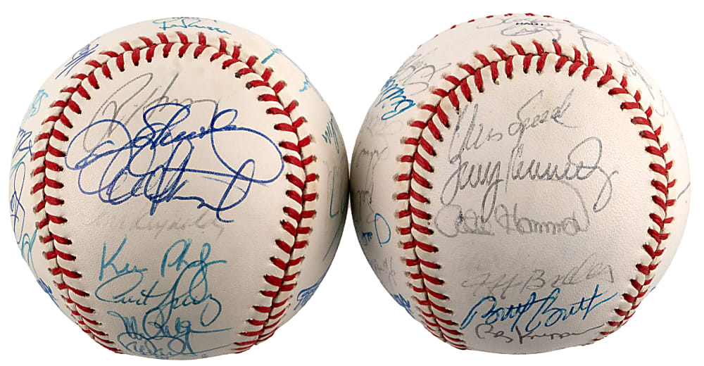 1989 World Champion Oakland Athletics & 1989 National League Champions San Francisco Giants Team-Signed Baseball Pair with (60) Total Signatures Including Clark, Henderson, McGwire, Canseco - Both on Official World Series Baseballs!