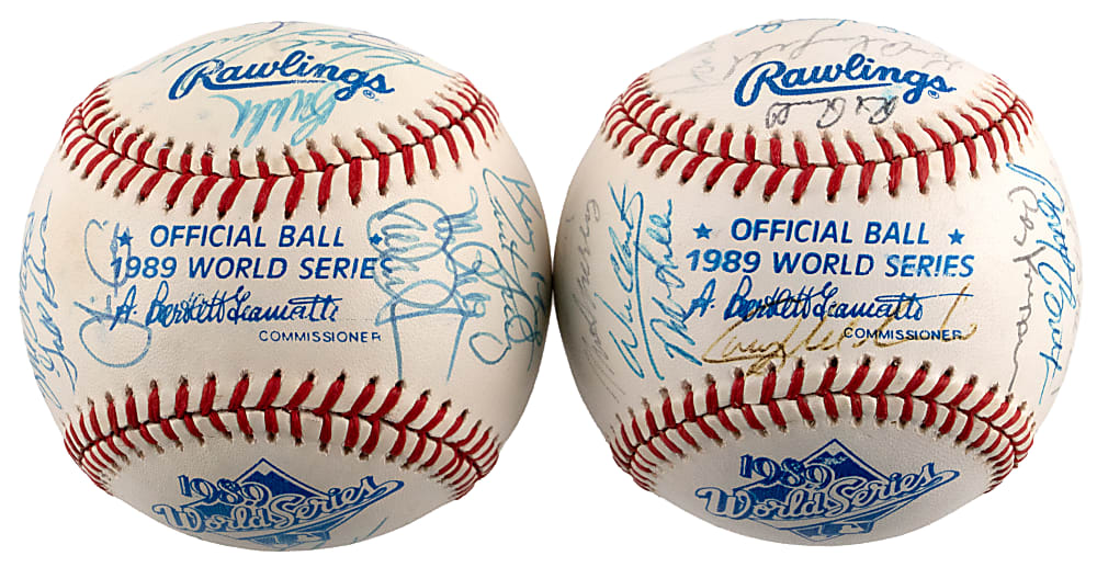 1989 World Champion Oakland Athletics & 1989 National League Champions San Francisco Giants Team-Signed Baseball Pair with (60) Total Signatures Including Clark, Henderson, McGwire, Canseco - Both on Official World Series Baseballs!