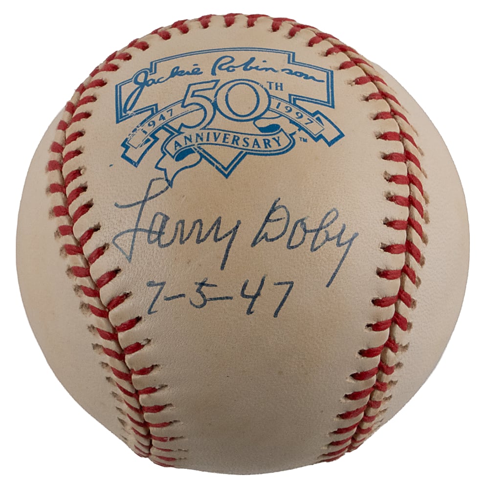 Larry Doby Single-Signed Jackie Robinson 50th Anniversary Baseball with "7-5-47" Inscription - JSA