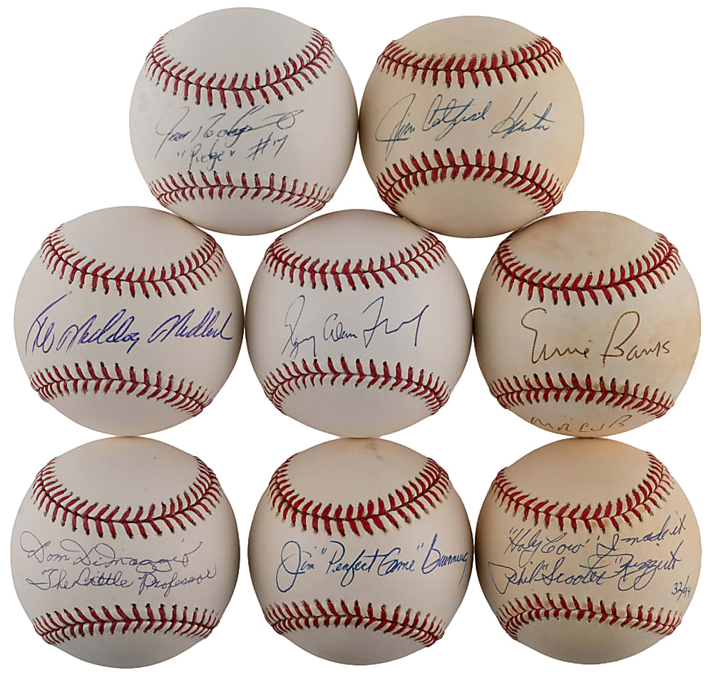 Single-Signed Full Name/Nickname Baseball Group (8) with Hunter, Maddux & Rizzuto - All Individually Certified
