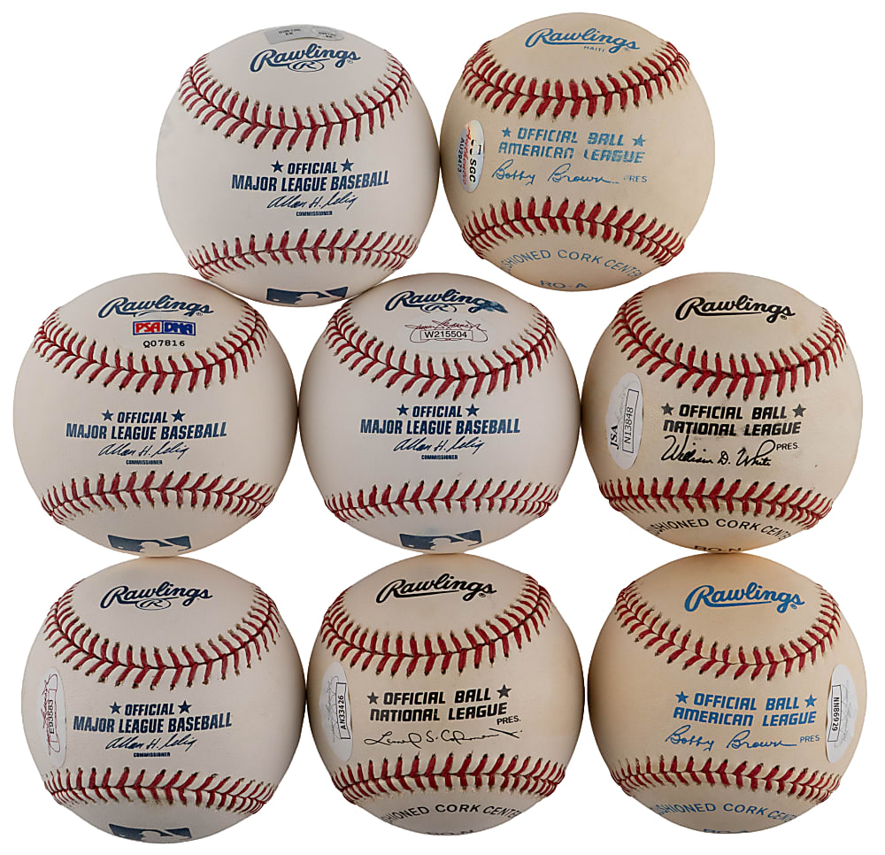 Single-Signed Full Name/Nickname Baseball Group (8) with Hunter, Maddux & Rizzuto - All Individually Certified