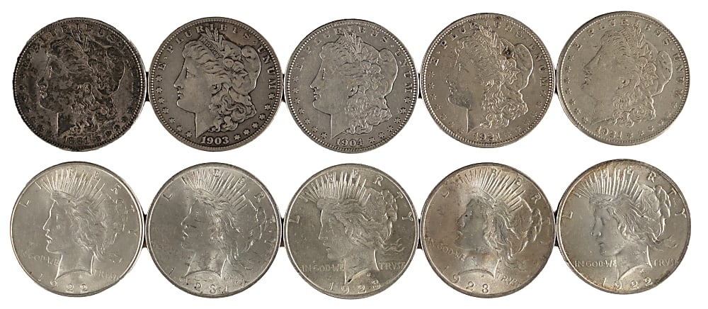 1881-1923 U.S. Silver Dollars (10) with (5) Morgan & (5) Peace