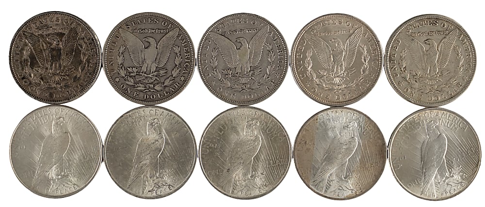 1881-1923 U.S. Silver Dollars (10) with (5) Morgan & (5) Peace