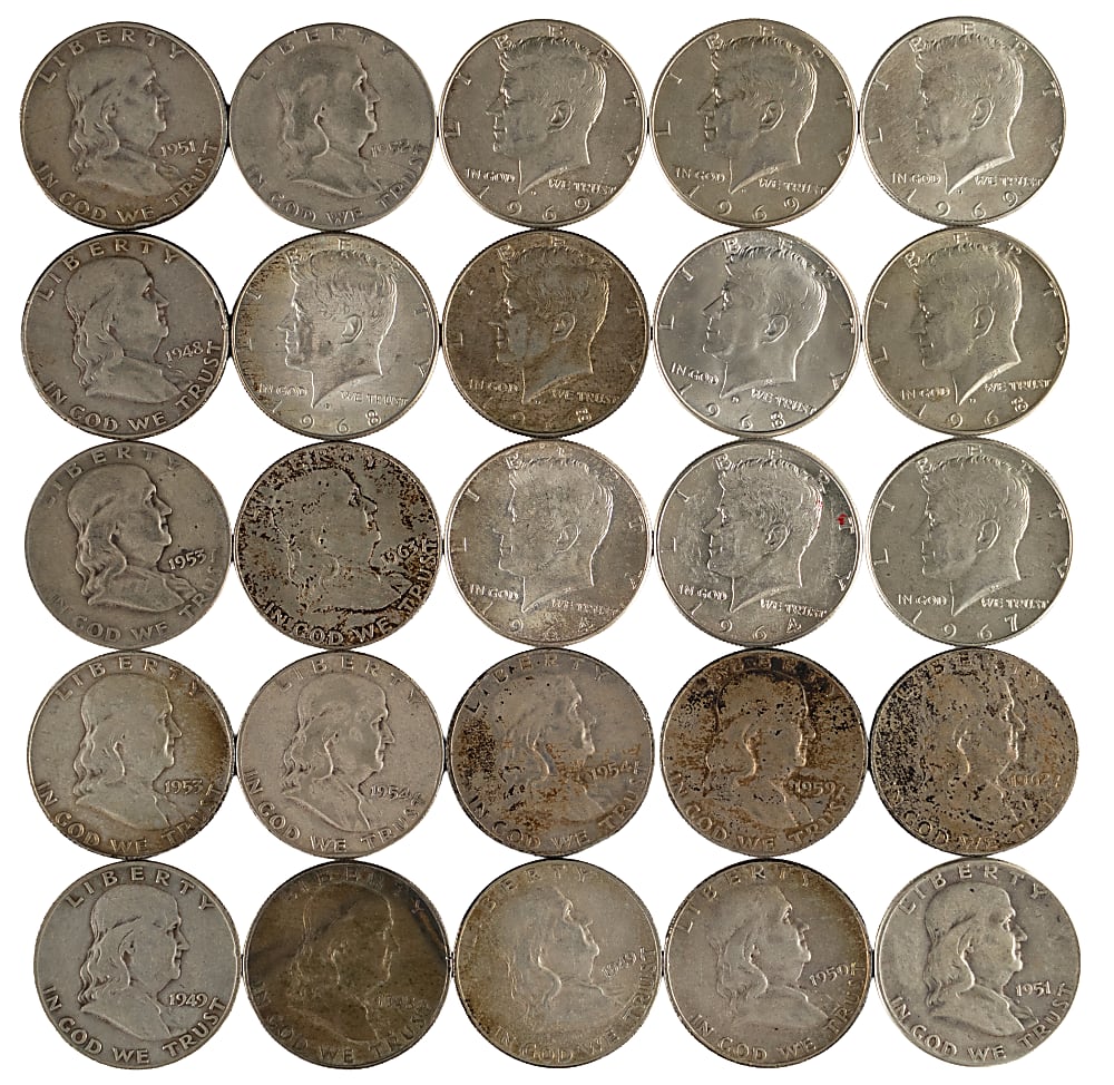 1940s-1960s Franklin and Kennedy Half Dollars (25) with (17) 90% Silver Coins & (8) 40% Silver Coins