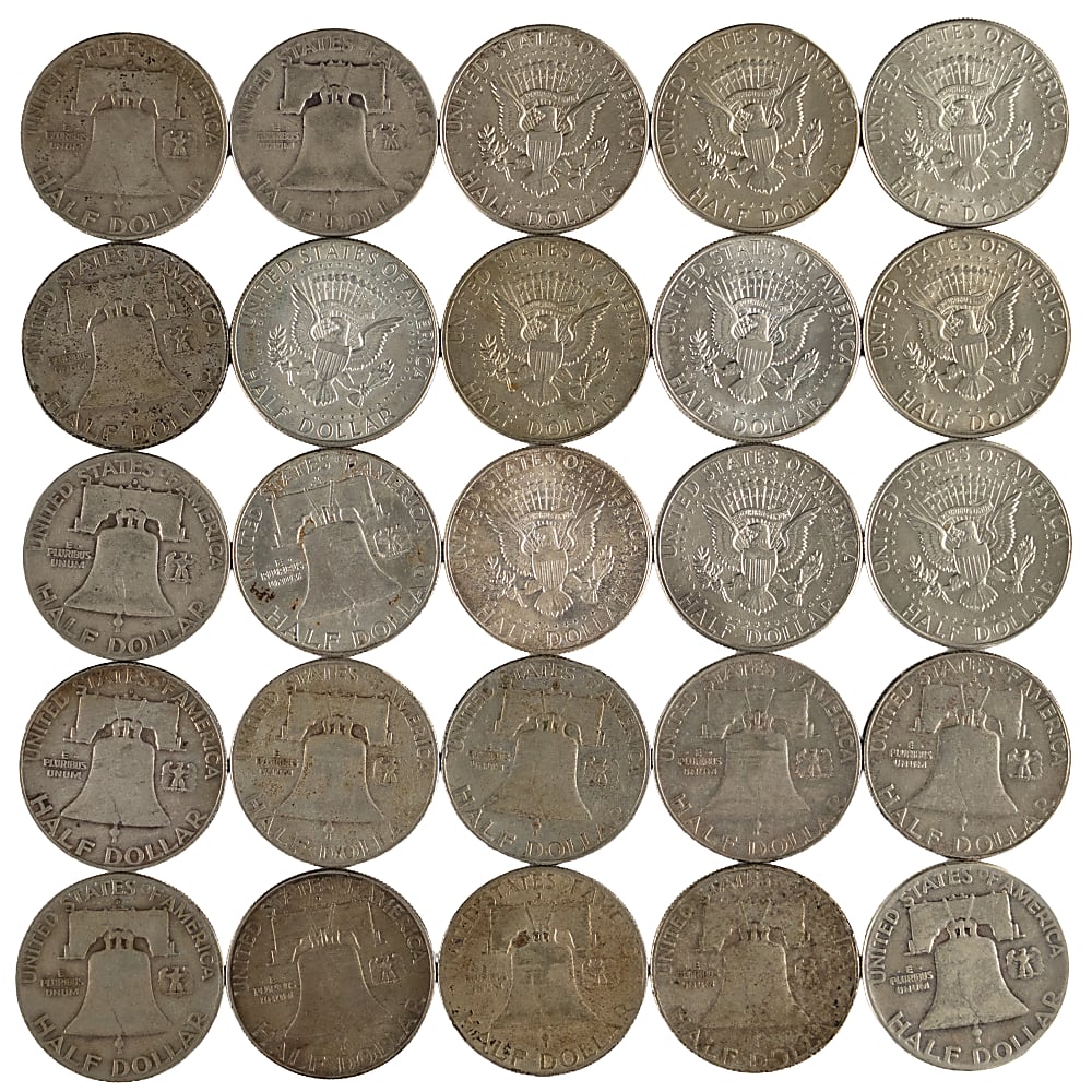 1940s-1960s Franklin and Kennedy Half Dollars (25) with (17) 90% Silver Coins & (8) 40% Silver Coins
