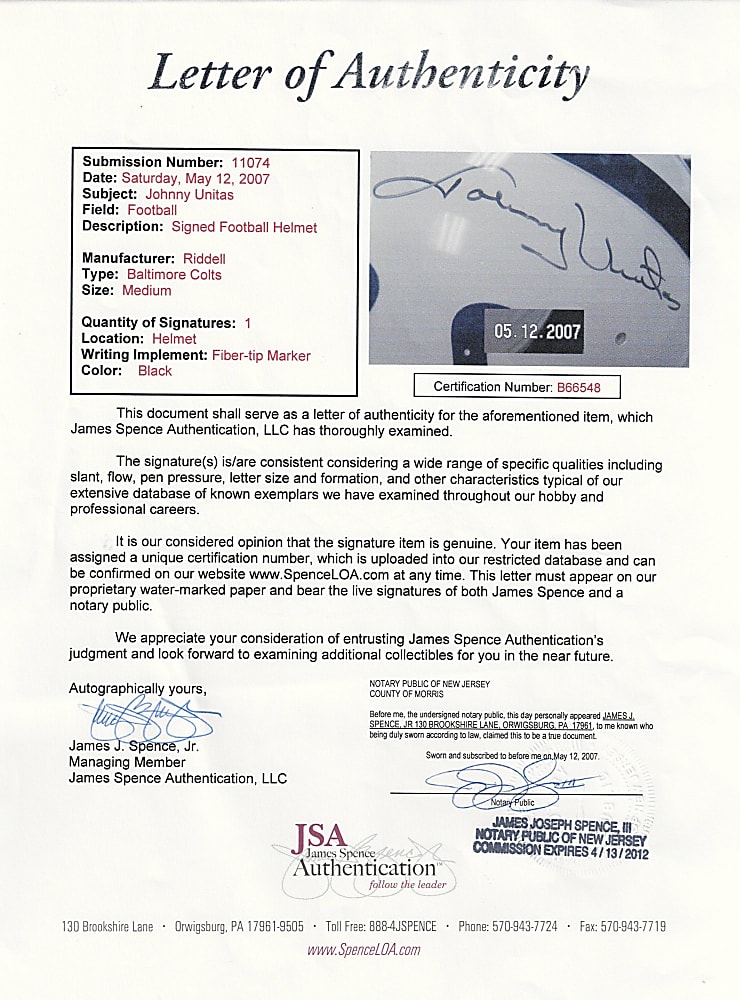 Johnny Unitas Single-Signed Riddell Full-Sized Authentic Pac-44 Helmet with Full JSA LOA