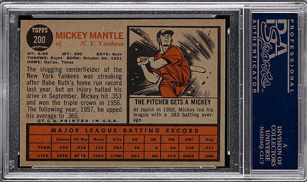 1962 Topps #200 Mickey Mantle PSA EX-MT 6