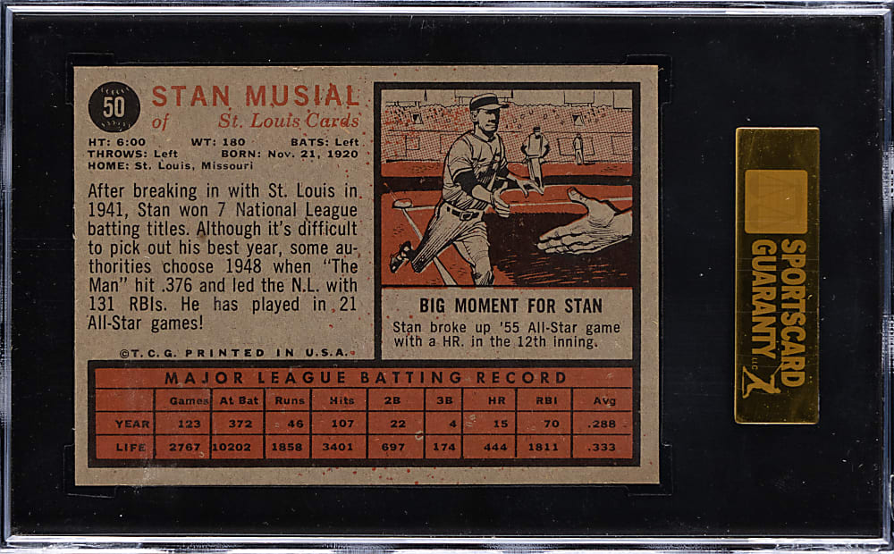 1962 Topps #50 Stan Musial SGC NM/MT 8