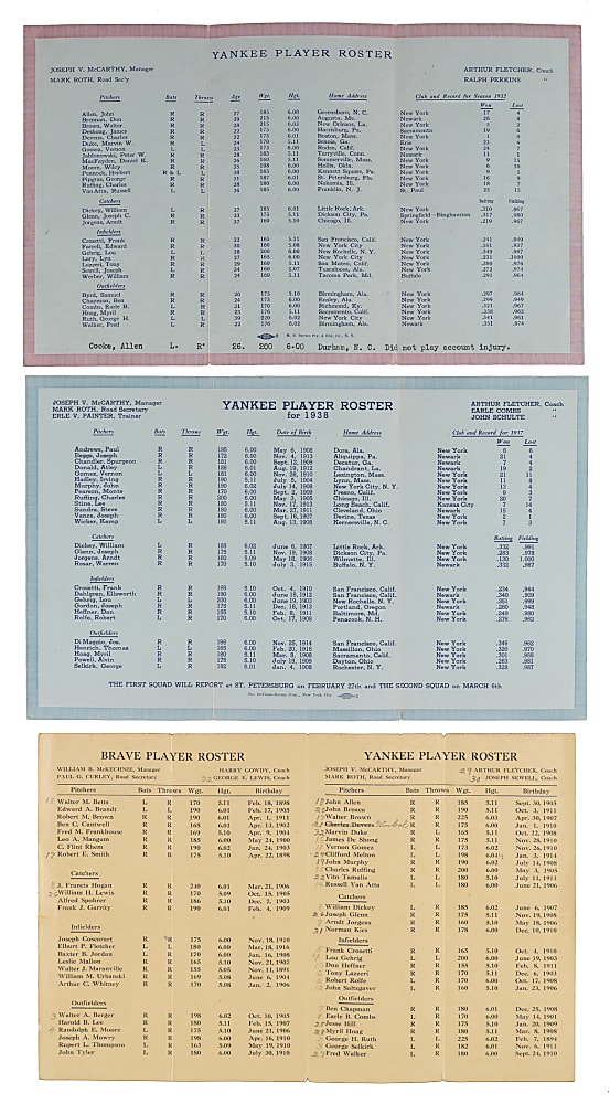 1933-1938 New York Yankees Spring Training Rosters Trio - Each with Babe Ruth or Lou Gehrig