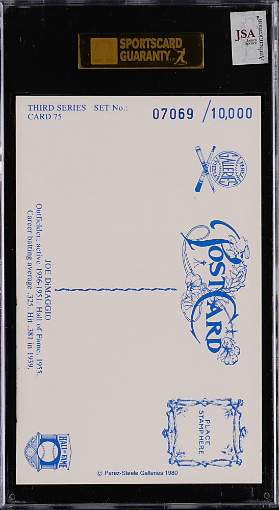 Joe DiMaggio Signed 1980 Perez-Steele Galleries Postcard - SGC/JSA Authentic