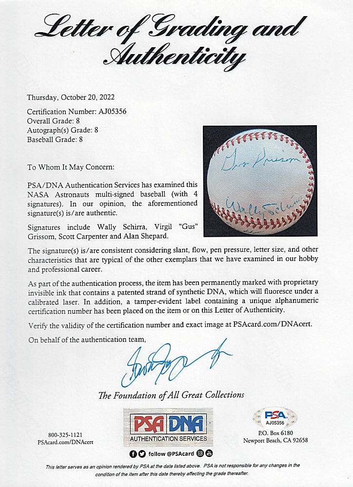 Incredible 1960s Mercury Seven Astronauts Multi-Signed ONL/Giles Baseball with Gus Grissom, Alan Shepard, Scott Carpenter & Wally Schirra - PSA/DNA Graded 8