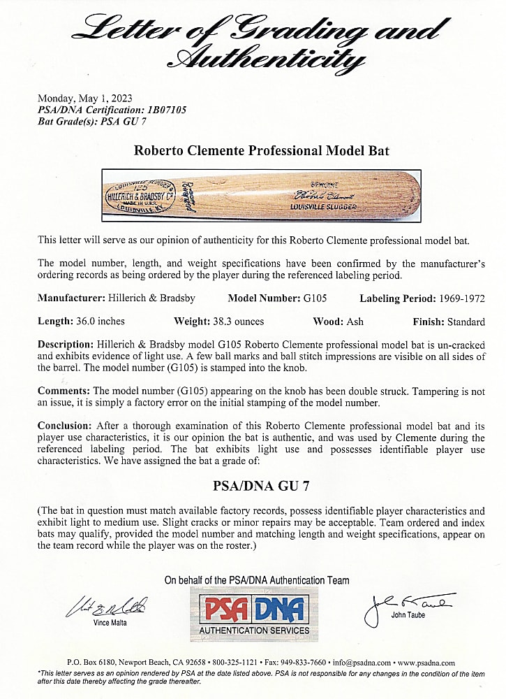 1969-1972 Roberto Clemente Pittsburgh Pirates Game-Used Bat - PSA/DNA GU 7