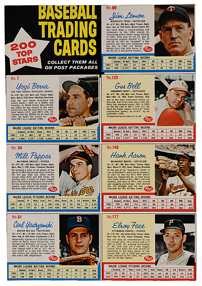 1962 Post Cereal Uncut 7-Card Panel with Hank Aaron, Yogi Berra & Carl Yastrzemski - Clean!