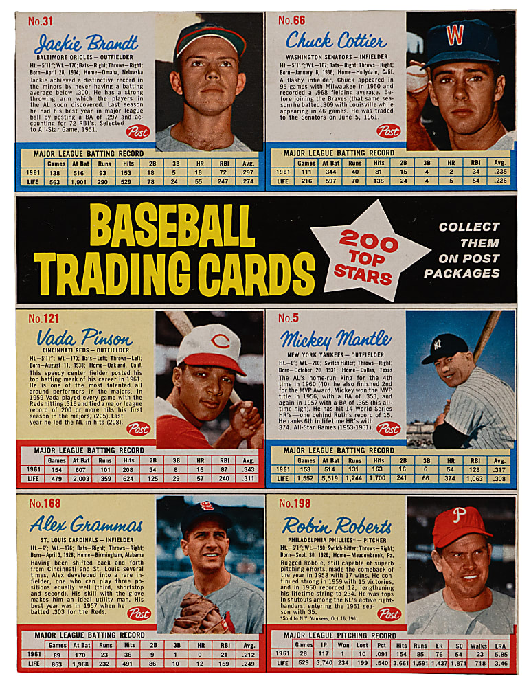 1962 Post Cereal Uncut 6-Card Panel with Clean #5  Mickey Mantle - Tough Panel!
