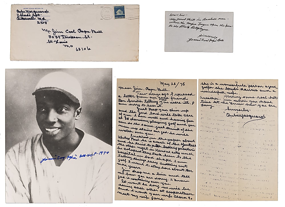 James "Cool Papa" Bell Signed Trio with 8x10 Photograph, Cut & Rube Marquard Handwritten Letter