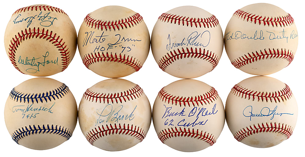 Dual/Single-Signed Hall of Fame Baseballs (8) with Whitey Ford/Lefty Gomez & Buck O'Neil "1962 Cubs"