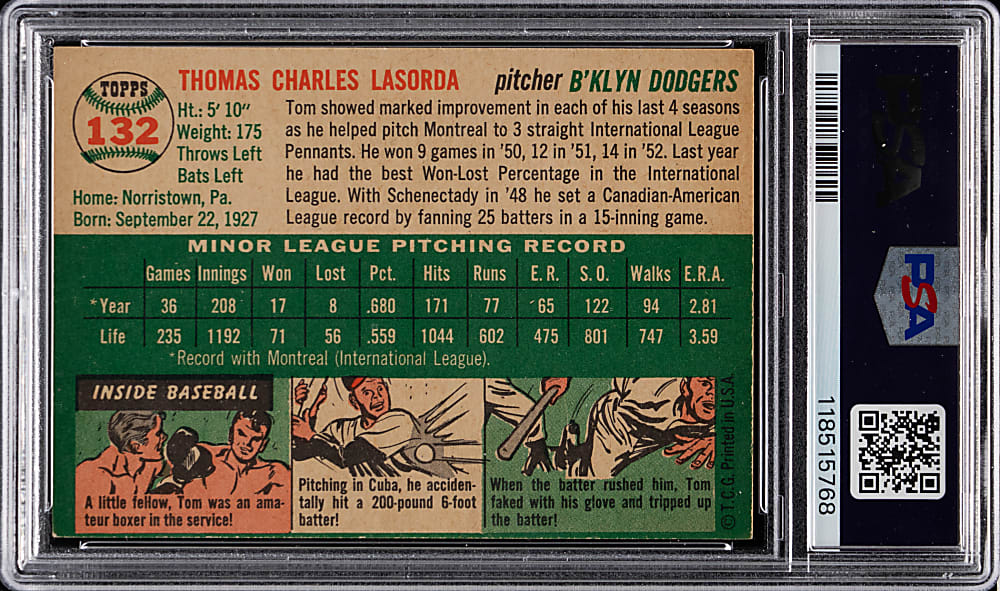 1954 Topps #132 Tom Lasorda Rookie PSA EX-MT 6