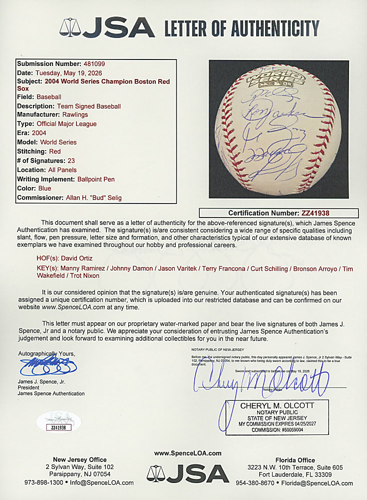 2004 World Champion Boston Red Sox Team-Signed Official World Series Baseball with (22) Signatures Including Ortiz, Ramirez, Schilling, Damon - MLB Holo + Full JSA