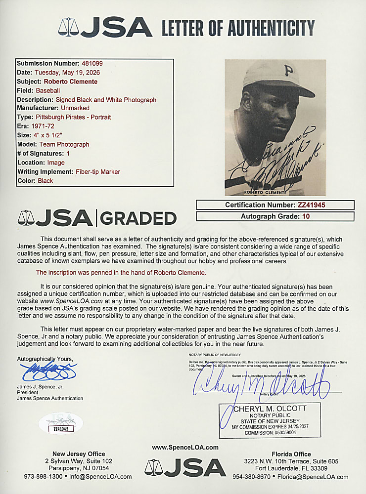 Circa 1970-1972 Roberto Clemente Boldly Signed 4x6 Team-Issued Photograph - Full JSA LOA with Auto Grade 10