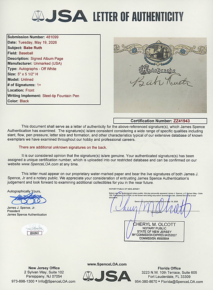 Babe Ruth Boldly Signed "Autographs" Album Page - Full JSA LOA