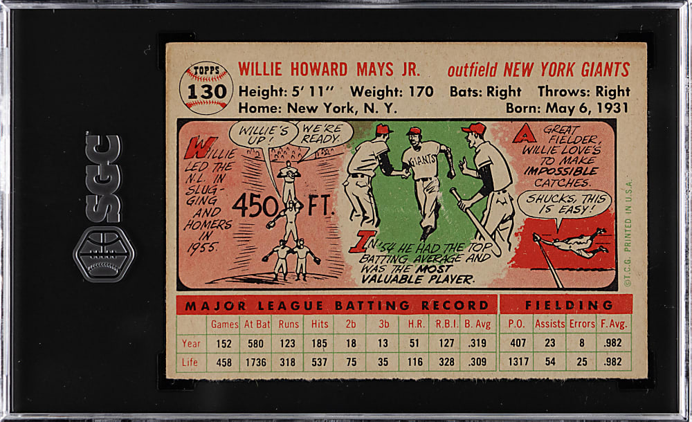 1956 Topps #130 Willie Mays White Back SGC VG/EX 4