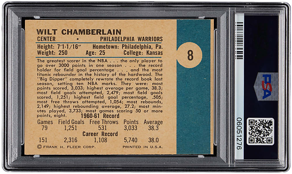 1961-1962 Fleer Basketball #8 Wilt Chamberlain Rookie PSA NM-MT 8