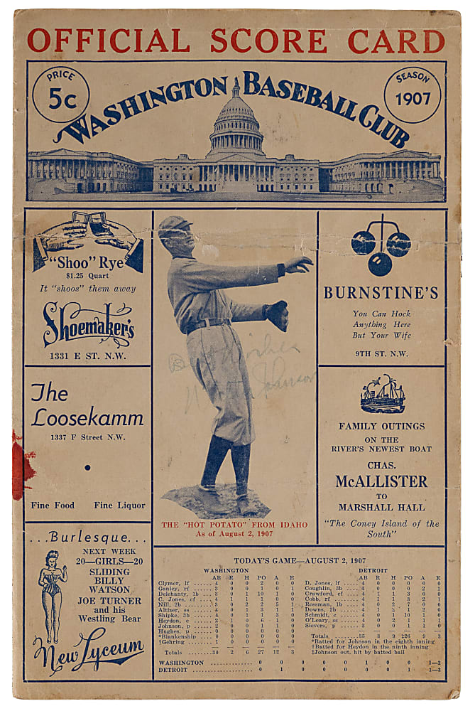 1937 Walter Johnson Signed Ceremonial Banquet Menu Emulating His Debut Scorecard with Full JSA LOA