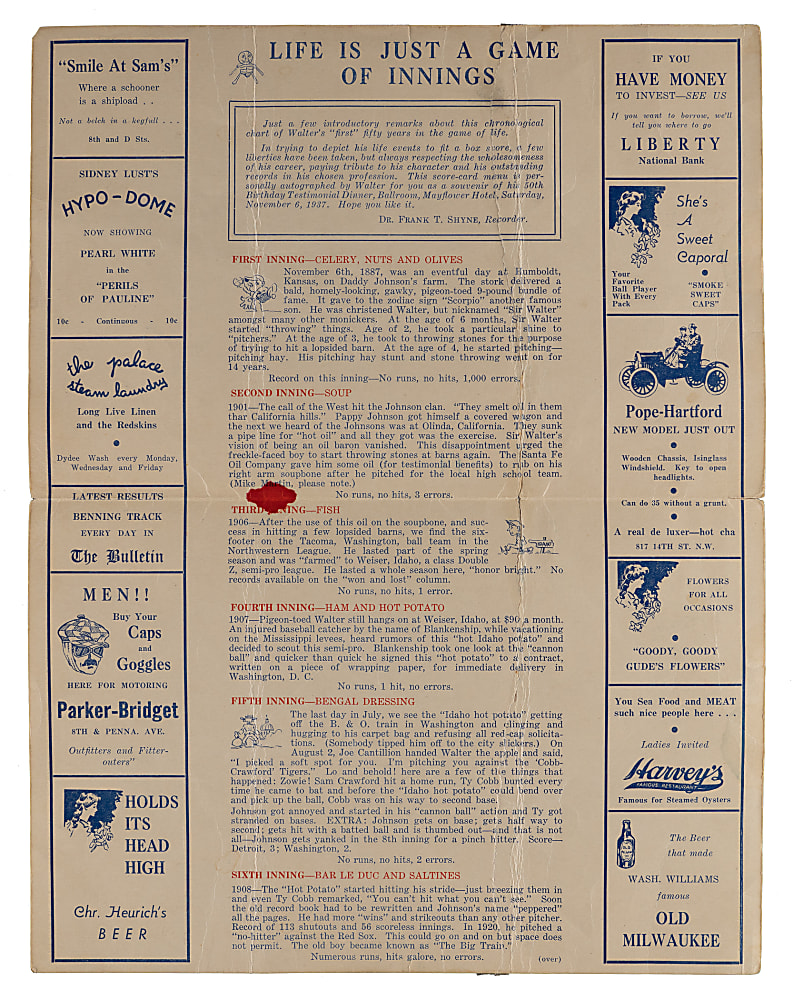 1937 Walter Johnson Signed Ceremonial Banquet Menu Emulating His Debut Scorecard with Full JSA LOA