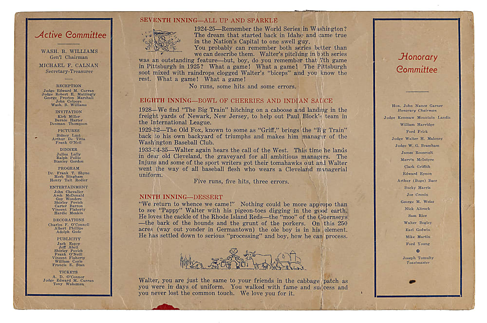 1937 Walter Johnson Signed Ceremonial Banquet Menu Emulating His Debut Scorecard with Full JSA LOA