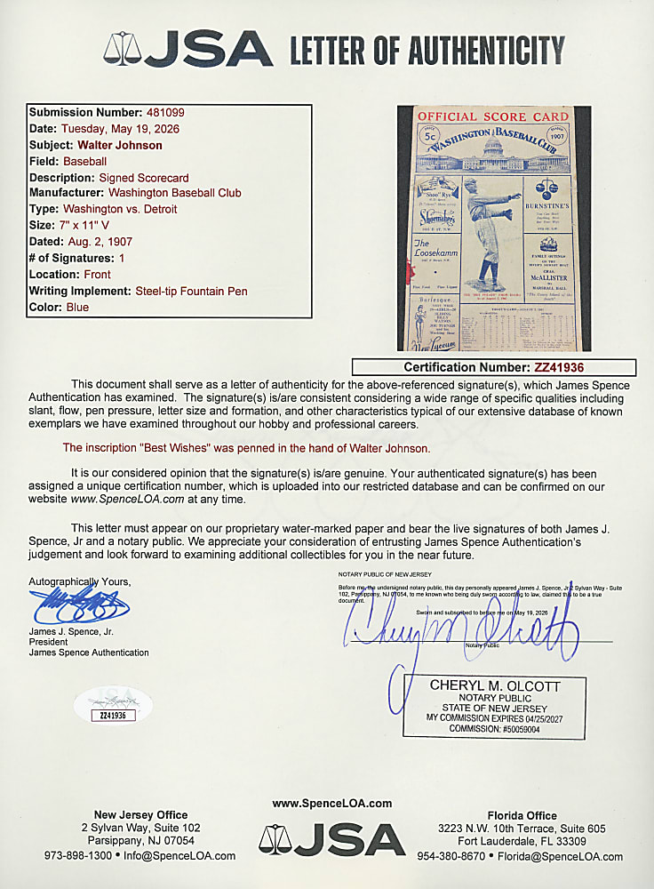 1937 Walter Johnson Signed Ceremonial Banquet Menu Emulating His Debut Scorecard with Full JSA LOA