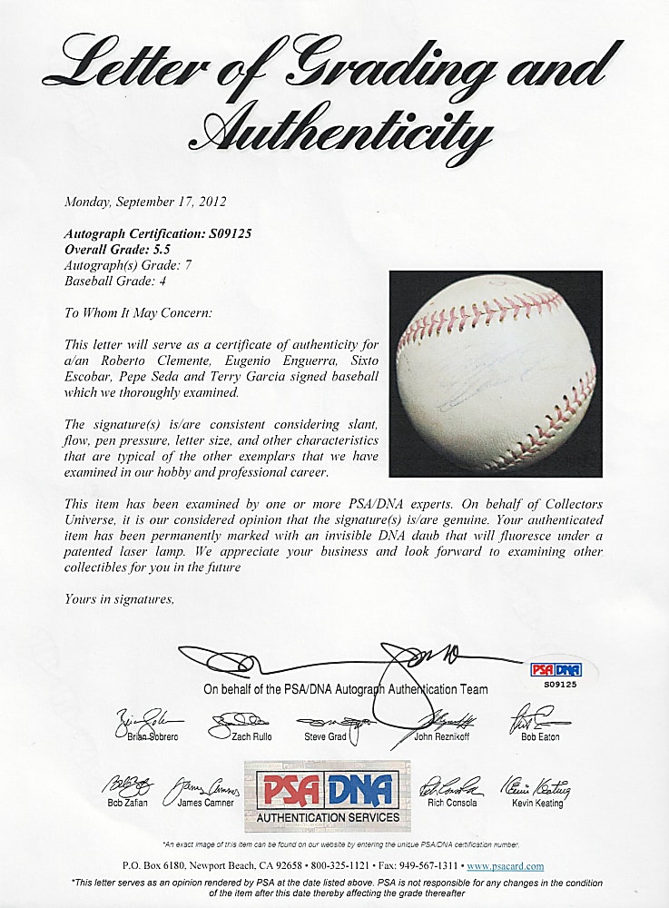 1972 Roberto Clemente 3,000th Hit Celebration Baseball Multi-Signed by (5) with Clemente and Puerto Rican Sports Figures - PSA/DNA Overall Grade 5.5