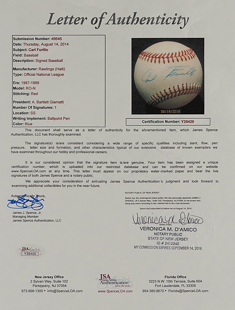 Carl Furillo Single-Signed ONL/Giamatti Baseball with Full JSA LOA