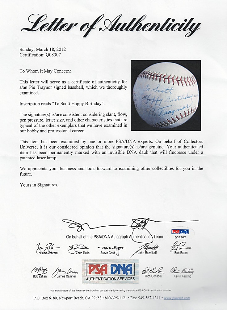Pie Traynor Single-Signed Baseball with Full PSA LOA