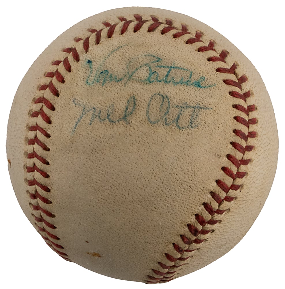 1956-1958 Mel Ott and Van Patrick Dual-Signed OAL/Harridge Baseball - PSA/DNA Overall Grade 5.5
