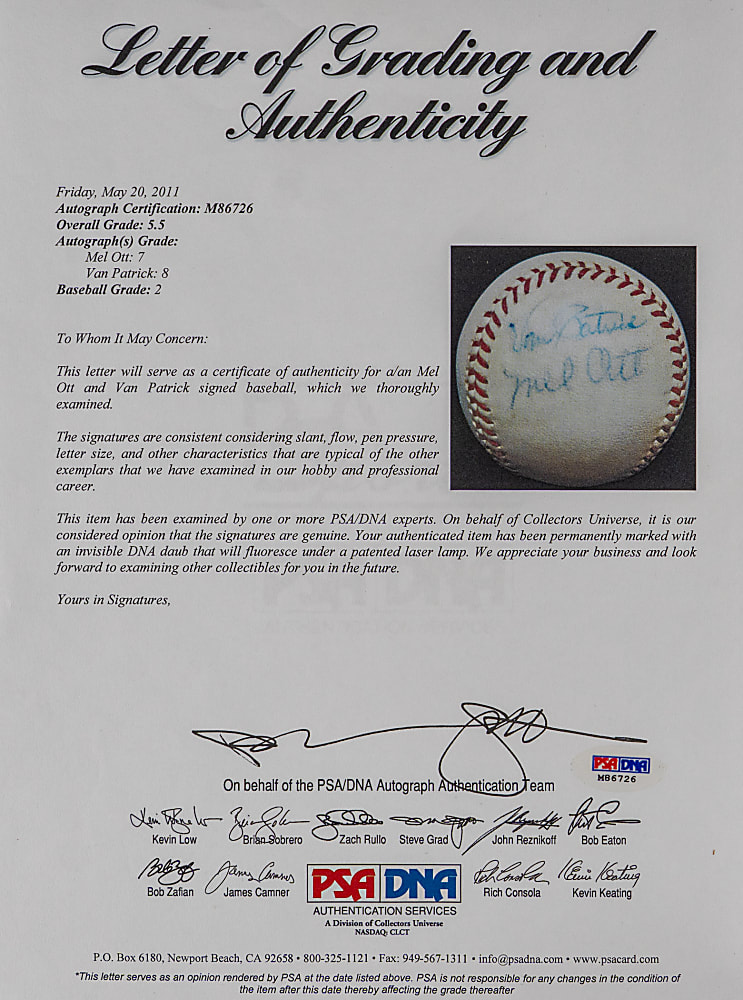 1956-1958 Mel Ott and Van Patrick Dual-Signed OAL/Harridge Baseball - PSA/DNA Overall Grade 5.5