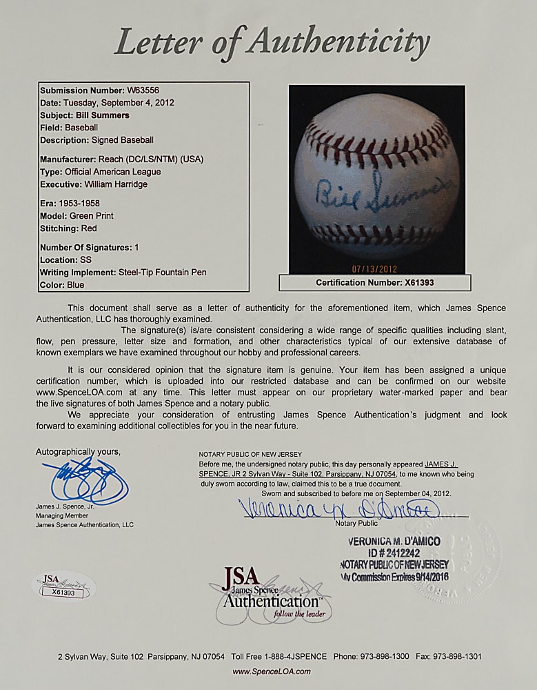 Bill Summers (d.1966) Single-Signed OAL/Harridge Baseball with Full JSA LOA