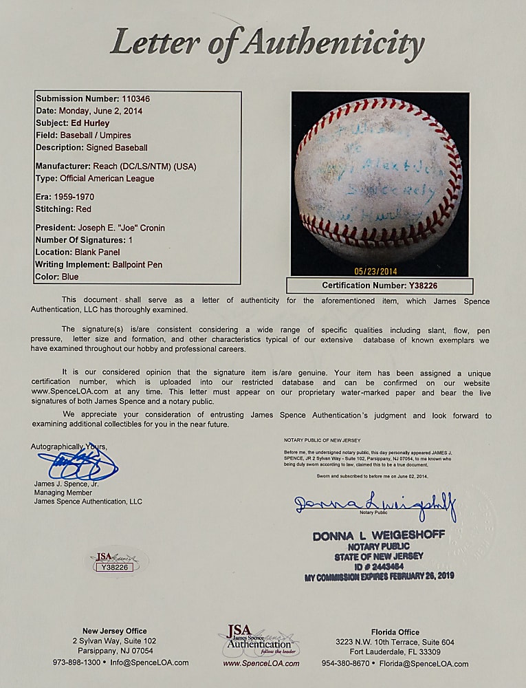 Eddie (Ed) Hurley (d.1969) Single-Signed OAL/Cronin Baseball with Full JSA
