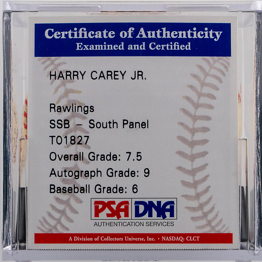 Harry Carey Single-Signed & Inscribed "Holy Cow!" ONL/Coleman Baseball - PSA/DNA Overall Grade 7.5 with Auto Grade MINT 9