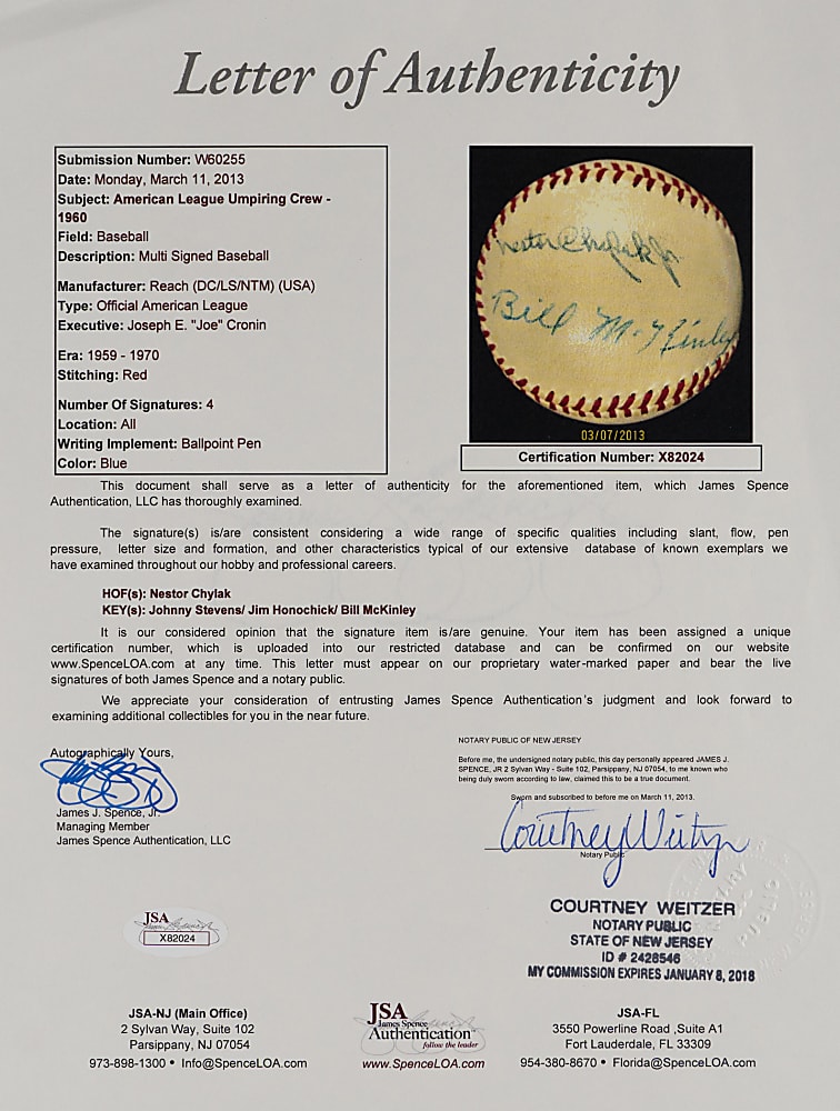 1960 American League Umpire Crew Multi-Signed OAL/Cronin Baseball with (4) Signatures Including Nestor Chylak - Full JSA LOA