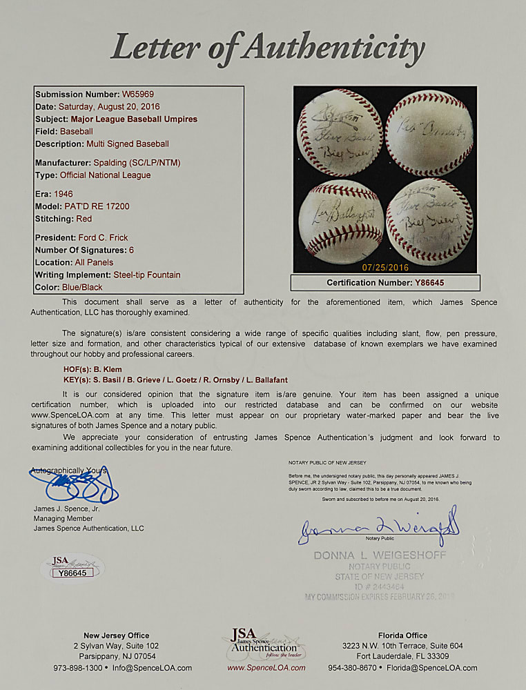 1940s-1950s National League Umpires Multi-Signed ONL/Frick Baseball with (6) Signatures Including Bill Klem (D.1951) - Full JSA LOA