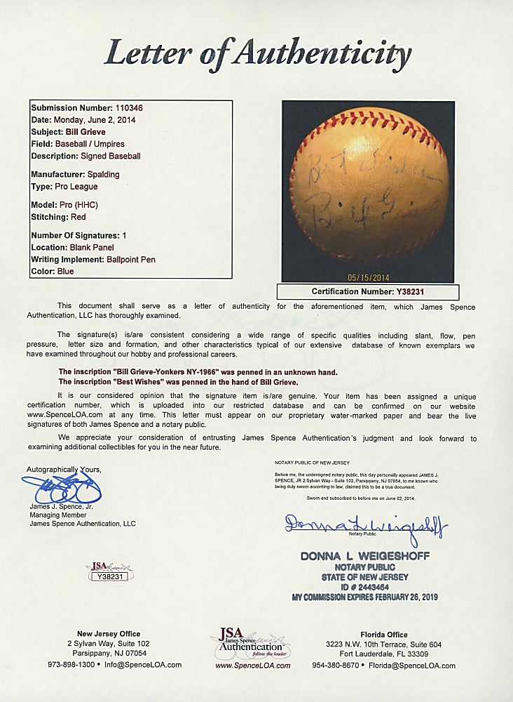 1966 Bill Grieve Single-Signed Baseball with Full JSA