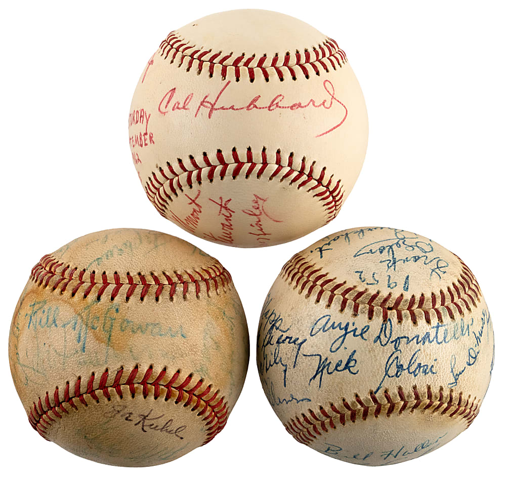 1950s-1960s Multi-Signed Baseball Trio with (48) Total Signatures Including Bill McGowan, Nestor Chylak, Cal Hubbard