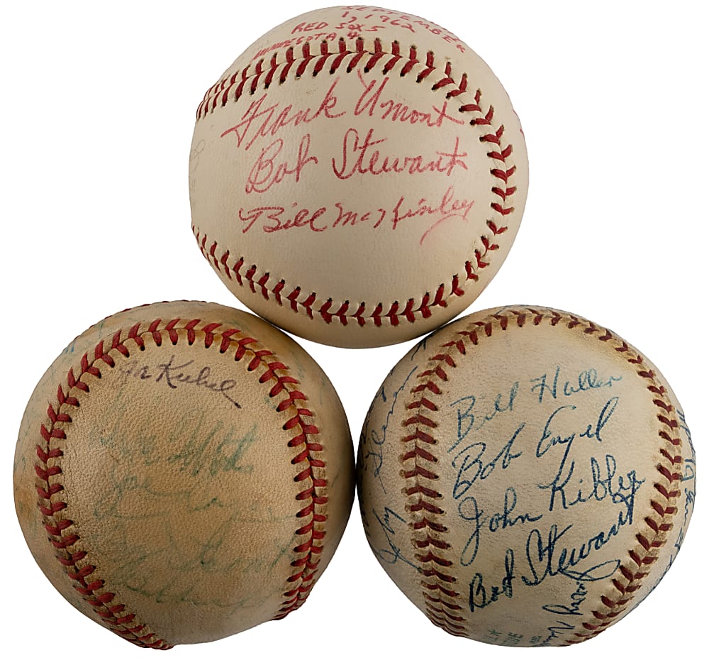 1950s-1960s Multi-Signed Baseball Trio with (48) Total Signatures Including Bill McGowan, Nestor Chylak, Cal Hubbard