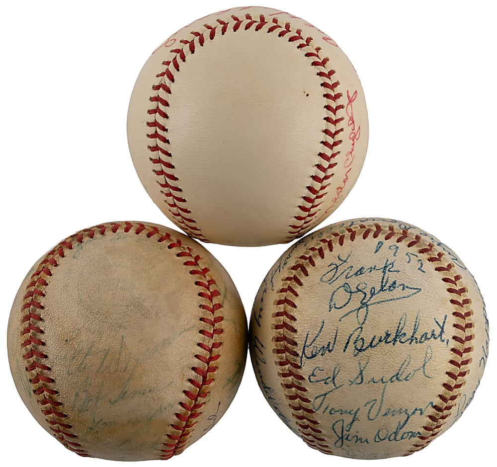 1950s-1960s Multi-Signed Baseball Trio with (48) Total Signatures Including Bill McGowan, Nestor Chylak, Cal Hubbard