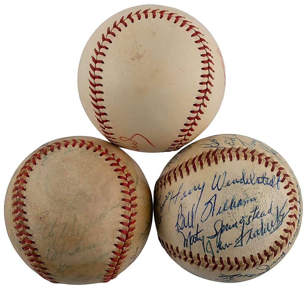 1950s-1960s Multi-Signed Baseball Trio with (48) Total Signatures Including Bill McGowan, Nestor Chylak, Cal Hubbard